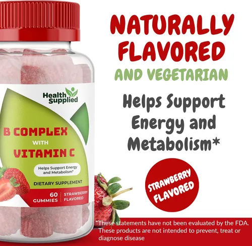 Miniatura 2 de Gomitas de complejo de vitamina B con sabor a fresa - Complejo B con vitamina C - Apoya el sistema nervioso y aumenta los niveles de energía - Ayuda