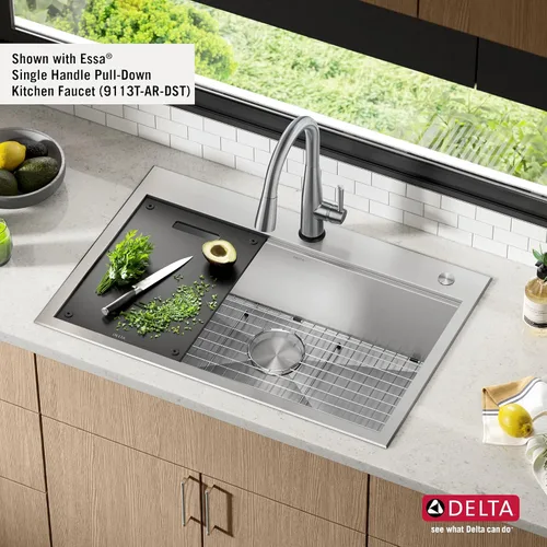 Miniatura 4 de DELTA, Rivet - Lavaplatos de cocina de 33 pulgadas con estación de trabajo, montaje superior, acero inoxidable de calibre 16, cuenco individual +