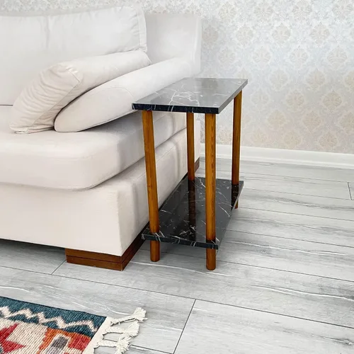 Miniatura 13 de Narrow Small Places - Mesa auxiliar moderna de mármol sintético para sofá sala de estar, mesa auxiliar minimalista delgada de 2 niveles con estante