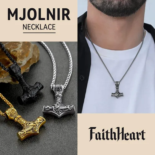 Miniatura 2 de FaithHeart - Collar con talismán escandinavo vikingo de martillo de Thor, joya original clásica de hombre de acero inoxidable, amuleto colgante