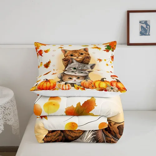 Miniatura 5 de Erosebridal Juego de edredón de gatos lindos para niños, juego de ropa de cama de calabaza y hoja de arce para niñas y niños, juego de edredón