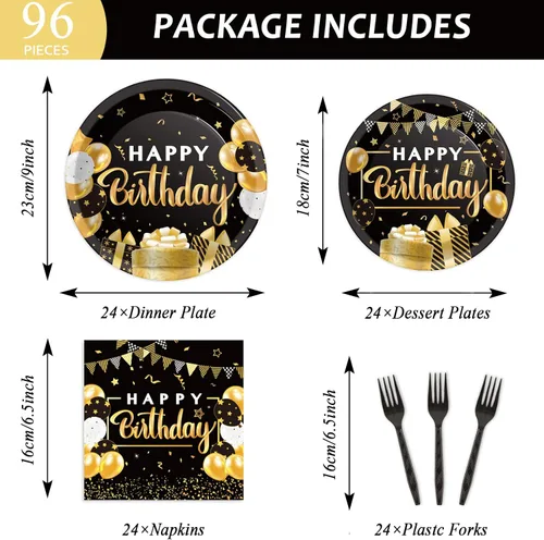 Miniatura 2 de Juego de vajilla para fiesta de cumpleaños de 96 piezas, color negro y dorado, platos y servilletas de fiesta negros, suministros de papel