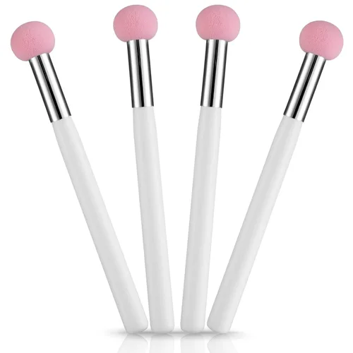 Sibba Juego de 4 brochas de base de maquillaje con mango rosa y blanco para polvo, rubor, contorno y corrector, incluye esponja, pinceles de mezcla