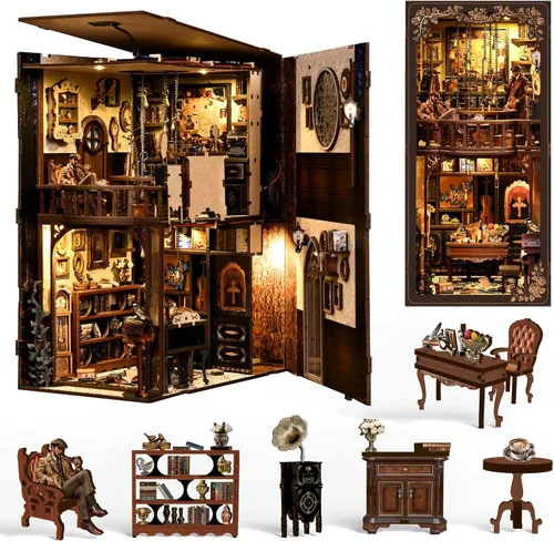 Miniatura 5 de NFEHGXAE Kits de rincón de libros para adultos, kit de casa de muñecas en miniatura con luces LED, rompecabezas de madera 3D, adolescentes