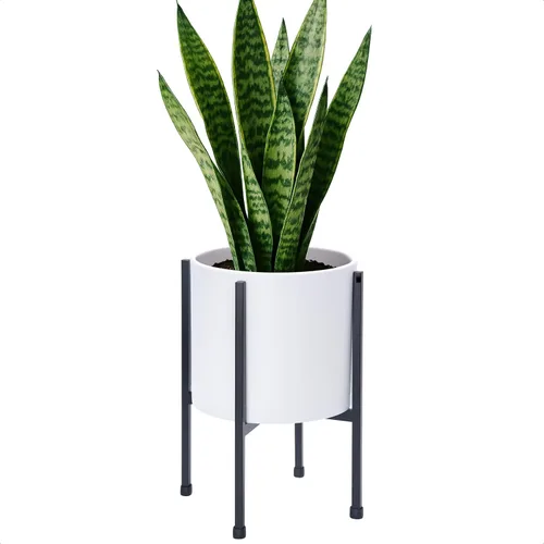 Miniatura 7 de D'vine Dev Maceta blanca de 8 pulgadas con soporte, moderna maceta cilíndrica de plástico con soporte de metal resistente para plantas