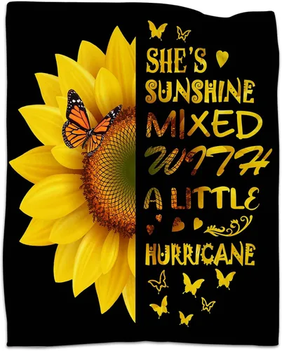 Manta de girasol para mujer, regalo de cumpleaños para amigos, manta amarilla mariposa de 60 x 80 pulgadas, decoración Girasol: ella es el sol