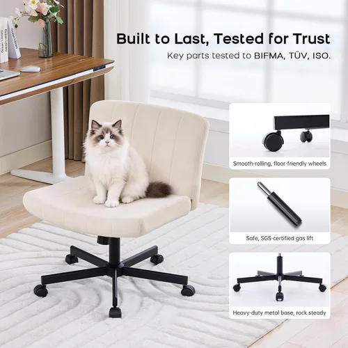 Miniatura 4 de LukkDys Silla cruzada con ruedas, silla de escritorio con patas cruzadas anchas, cómoda silla de tocador de tela para el hogar, oficina, dormitorio