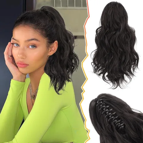 Miniatura 18 de BARSDAR Extensiones de cola de caballo con clip de garra, extensiones de cabello corto ondulado negro de 14 pulgadas para mujer, extensiones