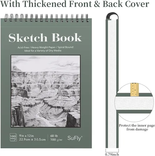 Miniatura 2 de Cuaderno de bocetos SuFly 9x12, bloc de papel para dibujo-68lb/100gsm, cuaderno de bocetos con espiral superior de tapa dura, bloc de 100 hojas