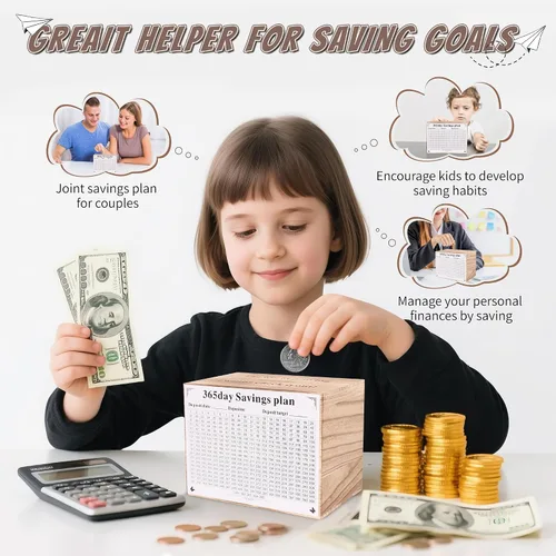 Miniatura 5 de Alcancía para niños y adultos, caja de ahorro de dinero de madera, alcancía irrompible para el desafío de ahorro de dinero de $10000 $5000 $3000