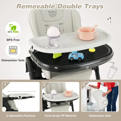 Miniatura 3 de BABY JOY Silla alta para bebés y niños pequeños, silla alta plegable con respaldo/reposapiés/altura del asiento, bandejas dobles extraíbles, cojín