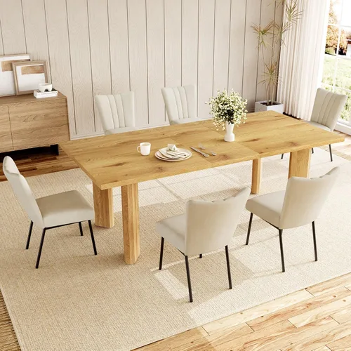 Miniatura 8 de HIPIHOM Mesa de comedor extensible para 6-8 personas, mesa de cocina rectangular de MDF de 63 a 78.7 pulgadas, estilo rústico de granja, diseño que