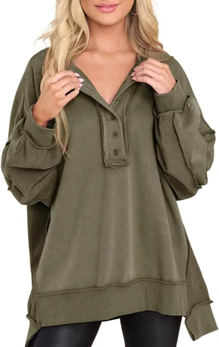 Miniatura 32 de AlvaQ - Sudadera de gran tamaño para mujer, informal, de manga larga, con botones y cuello Henley, tipo túnica