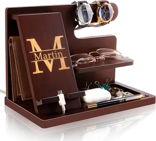 Estación de acoplamiento de madera personalizada para teléfono, mesita de noche, soporte para cartera, organizador de relojes, accesorios para