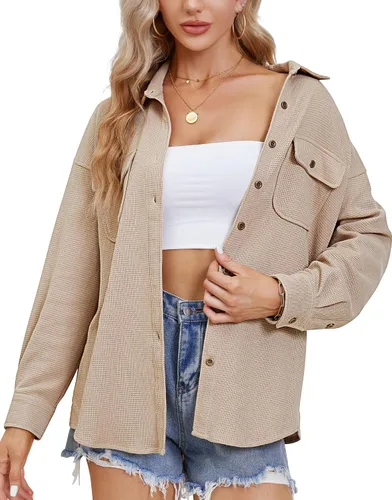 Miniatura 3 de Fengbay Chaqueta de punto gofre para mujer, casual, manga larga, con botones, blusas elegantes