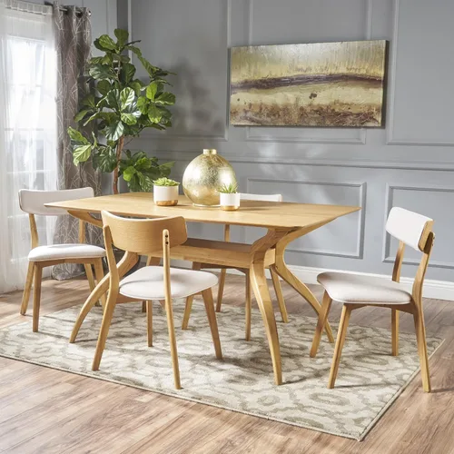 Christopher Knight Home Nissie Mid-Century - Juego de comedor de madera con sillas de tela, juego de 5 piezas, acabado de roble natural / beige claro