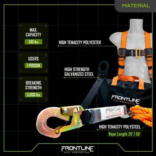Miniatura 3 de Kit completo de techadores Frontline Combat con arnés de cuerpo completo Lifeline Combat™ de 50 pies Cumple con OSHA y ANSI