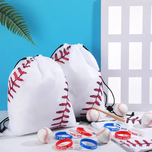 Miniatura 5 de Roowest 24 bolsas de recuerdos de fiesta de béisbol con pulseras con cordón de béisbol, bolsas de regalo para niños, suministros de fiesta