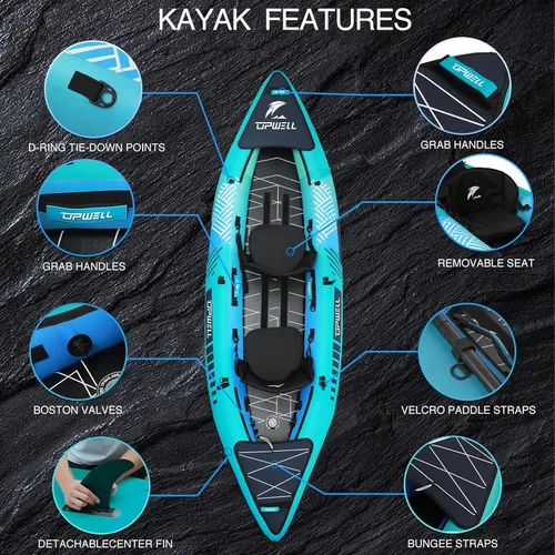 Miniatura 2 de UPWELL Kayak recreativo inflable de 13'6"/11' – 2 personas con piso de punto de caída y accesorios, incluyendo asientos de kayak con soporte