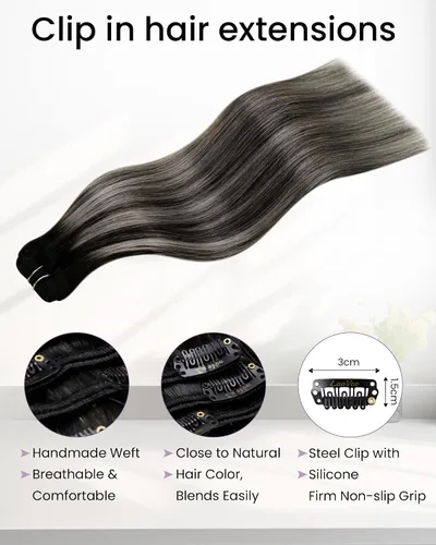 Miniatura 3 de LaaVoo - Extensiones de cabello humano con clip, de 18 pulgadas, balayage, de color negro a gris plateado, cabello humano lacio y sedoso, 5