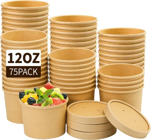 Miniatura 7 de Wuadua Paquete de 50 recipientes desechables de papel de 8 onzas con tapas, cuencos de sopa para llevar para fideos, ensalada, restaurante