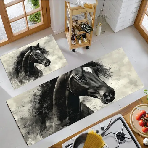 Juego de 2 piezas de tapetes de cocina, estilo retro abstracto negro Horsetapete para antifatiga, tapetes de interior, oferta para decoración y
