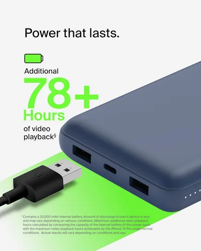 Miniatura 6 de Cargador portátil Belkin, banco de energía USB C de 20000 mAh con 2 puertos USB-A, 15W con cable de tipo A a tipo C - iPhone 17, Air, Pro, Pro Max