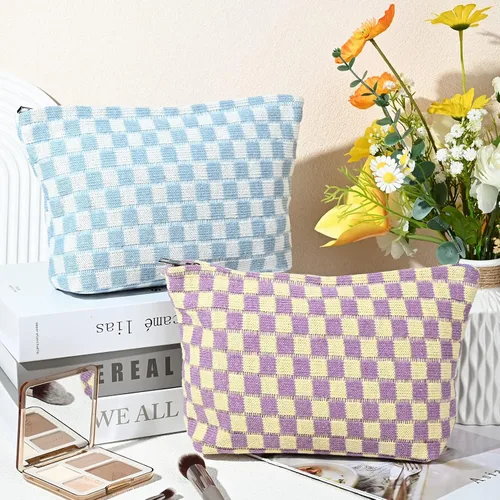 Miniatura 2 de SOIDRAM Bolsa de Maquillaje de 2 Piezas Bolsa de Cosméticos a Cuadros Grande Capacidad Bolsa de Viaje de Lona Organizadora de Artículos de Tocador