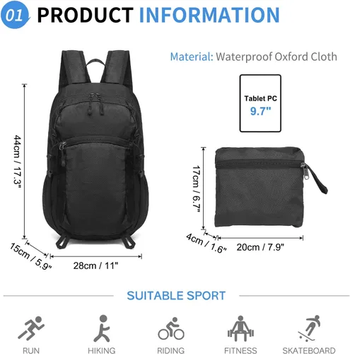 Miniatura 2 de Mochila de senderismo plegable, mochila de camping resistente al agua, ligera de poliéster para hombres, mujeres, viajes al aire libre Negro
