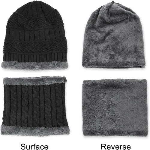 Miniatura 4 de Conjunto de gorro de punto de invierno, calentador de cuello, guantes, con forro de lana, gorro de calavera, bufandas infinitas, manoplas táctiles