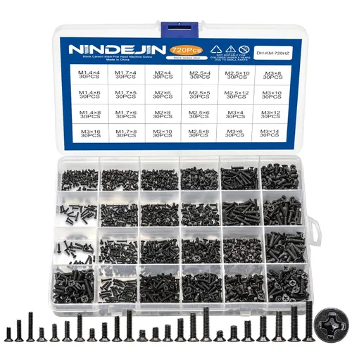 NINDEJIN Juego de tornillos de acero al carbono para computadora portátil, 720 unidades, cabeza plana, surtidos de tornillos Phillips,