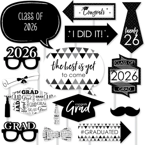 Big Dot of Happiness Accesorios de graduación en blanco y negro para sesión de fotos 2026, juego de 20 unidades de accesorios de cabina de fotos