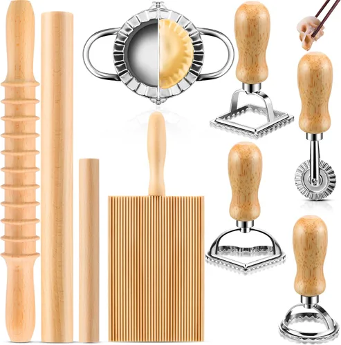 Kit de 9 piezas de herramientas para hacer pasta de ñoquis – Tabla de ñoquis, cortador de pasta, sello de ravioles, juego de rodillos de pasta