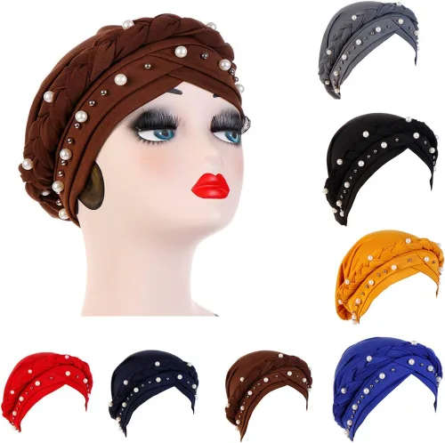 Miniatura 2 de Fxhixiy Hijab - Gorro de turbante con perlas para mujer, bufanda para la cabeza, gorro de quimioterapia, bandana