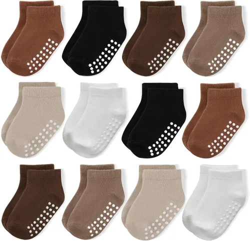 Miniatura 20 de JAKIDAR 12 pares de calcetines antideslizantes de algodón para niños y niñas, suela antideslizante para bebés y niños