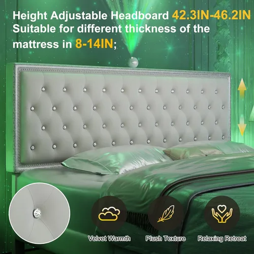Miniatura 5 de Base de cama de plataforma tapizada tamaño Queen con cabecera LED, proyector de estrellas integrado y cabecera ajustable, no necesita somier, fácil