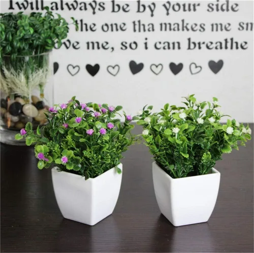 Miniatura 2 de Trébol cuadrado pequeño de cuatro hojas + flor (blanco) planta falsa en maceta artificial Bonsái Planta de plástico para el hogar, baño, hogar