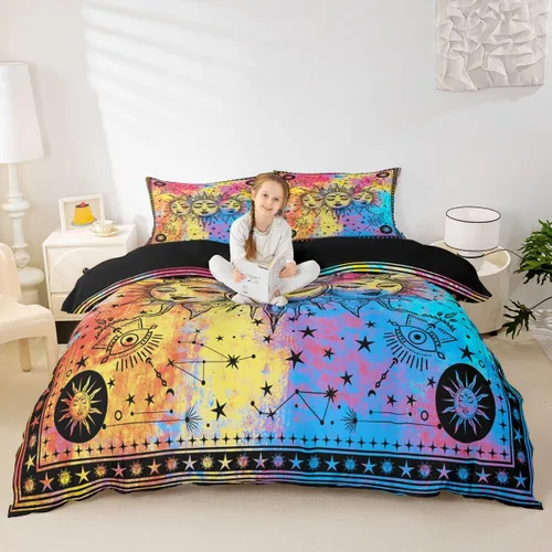 Miniatura 12 de Erosebridal Juego de ropa de cama bohemio con sol y luna, funda de edredón hippie de 3 piezas, colorida funda de edredón teñida anudada, funda