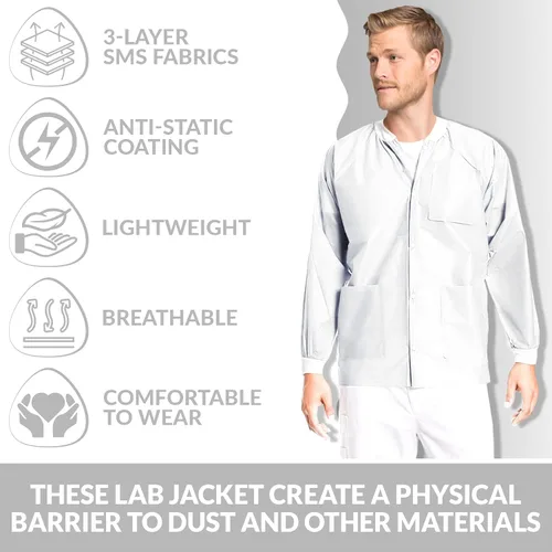 Miniatura 60 de Paquete de 10 chaquetas desechables de laboratorio, chaqueta médica reutilizable hasta la cadera, unisex, con puños de punto y bolsillos