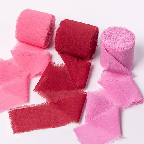 Cinta de gasa, decoración de fiesta del día de San Valentín, 1.5 x 21 yardas, color rosa y rojo deshilachado, cintas de seda hechas a mano para