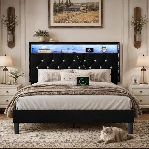 HOMBCK - Base de cama de tamaño matrimonial con estación de carga y cabecera de almacenamiento, marco de cama tapizado de terciopelo con luces LED,