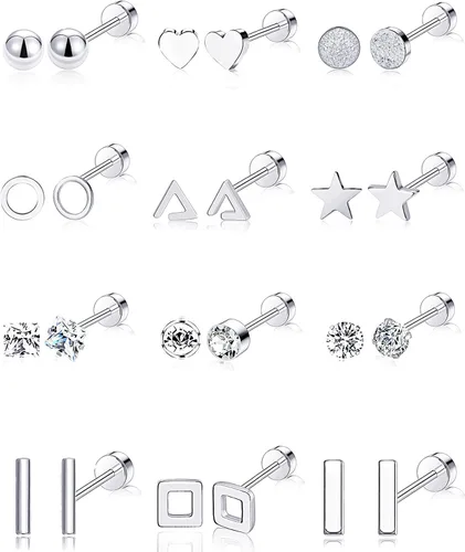 Ofeiyaa - Colección de 12 pares de aretes geométricos tipo dormilona de acero inoxidable con forma de estrella, luna, cruz, bola, triángulo, corazón