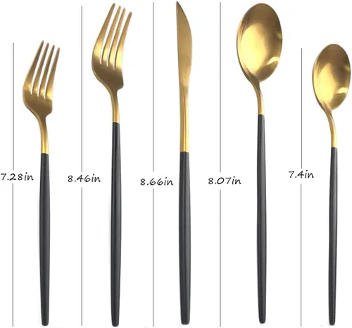 Miniatura 2 de Juego de cubiertos de 5 piezas, Uniturcky, de acero inoxidable negro y dorado, utensilios para comer con cuchillo, tenedor, cuchara para el hogar