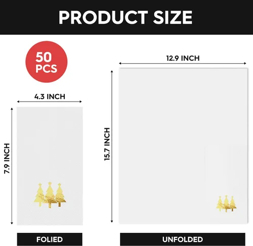 Miniatura 7 de Horaldaily 100 servilletas decorativas desechables de papel de Navidad para invitados, toalla de mano con árboles de Navidad en lámina dorada