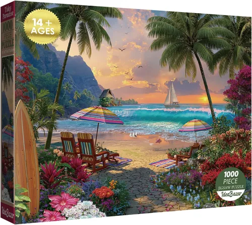 Coloridos rompecabezas de playa y océano para adultos, 1000 piezas de naturaleza, hermoso pájaro de Hawái, flores, plantas, árboles, rompecabezas de