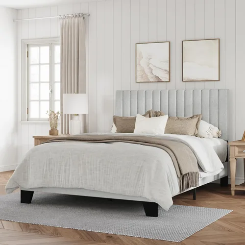 Miniatura 8 de IOILORI Base de cama tamaño completo, cama de plataforma tapizada en tela con cabecera ajustable, marco resistente y listones de madera, silenciosa