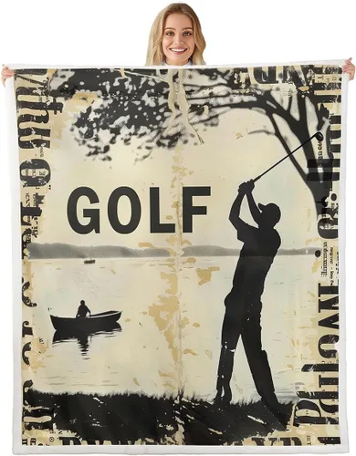Golf Fleece Blanket,Vintage Sports Game Golf Club Player Silhouette Bed Blanket for Adults Teens,Rustic Lake House Boating Beige Black Room