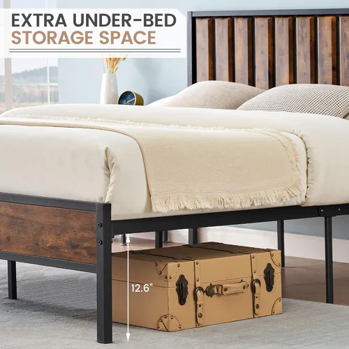 Miniatura 5 de IDEALHOUSE Base de cama Queen con cabecera de madera, marco de cama de metal con plataforma Queen con 14 listones de acero resistente, más