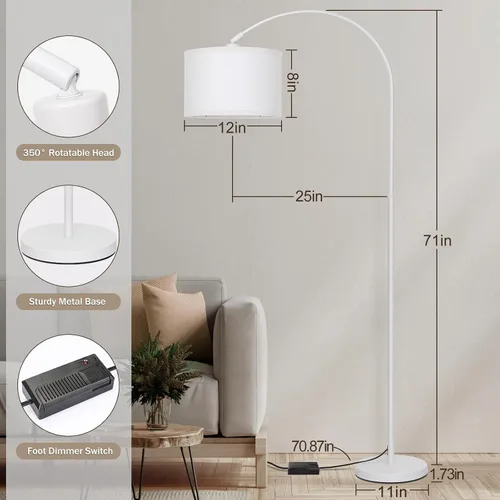Miniatura 2 de Seaside village - Lámpara de pie para sala de estar, lámpara de pie de arco regulable con pantalla colgante ajustable blanca, lámpara de pie moderna