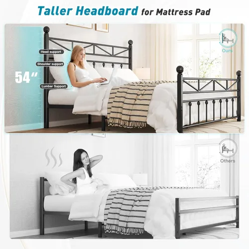 Miniatura 5 de EnHomee Base de cama de plataforma de metal tamaño Queen, cabecero alto de 54" y luces LED, cabecero y piecero vintage victoriano, almacenamiento